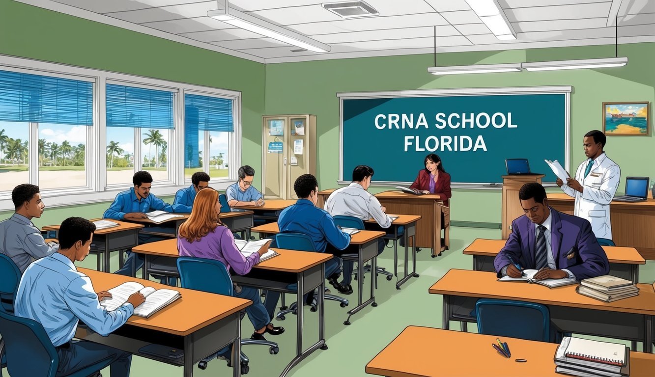 A serene classroom setting at a CRNA school in Florida, with students studying and instructors providing guidance