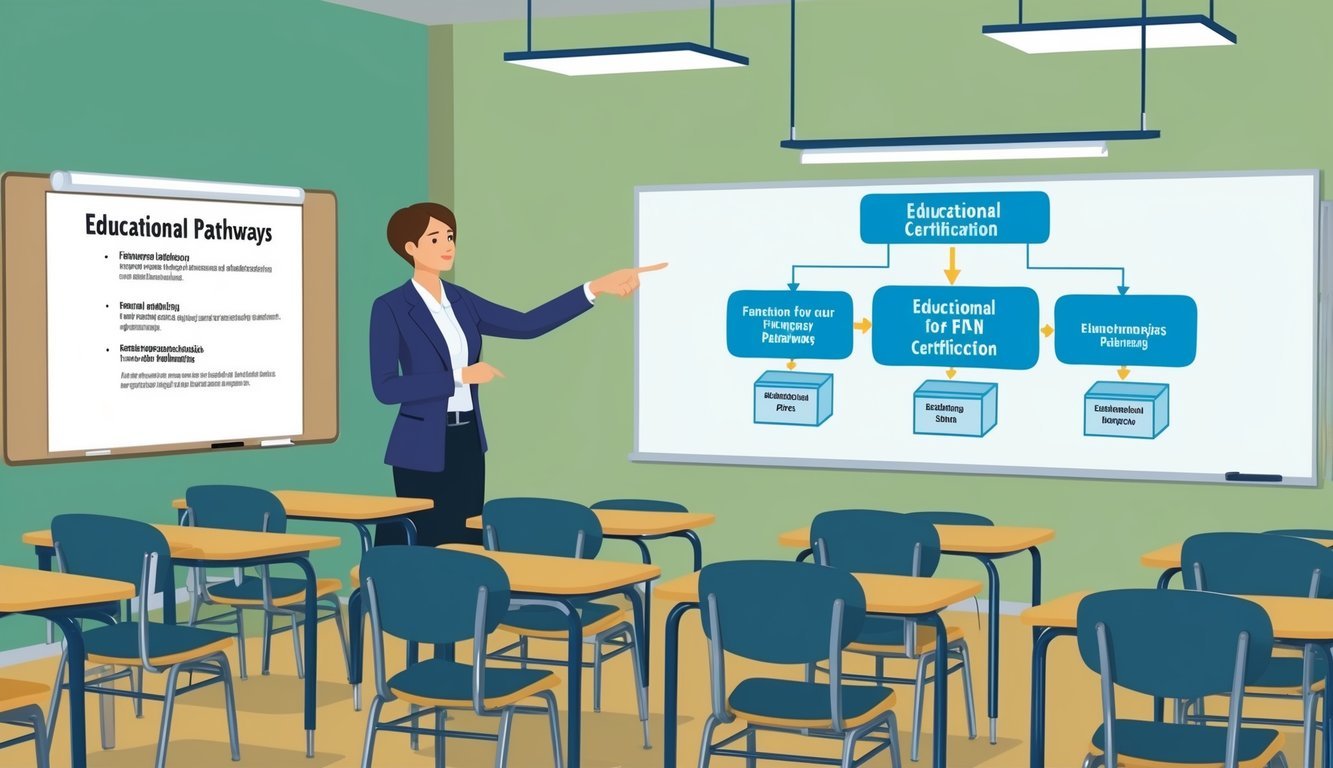 A classroom with a whiteboard, desks, and chairs.</p><p>A teacher stands at the front, pointing to a diagram of educational pathways for FNP certification