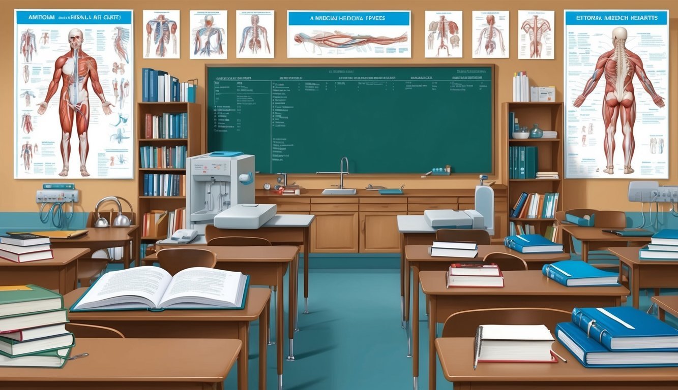 A classroom with textbooks and medical equipment, surrounded by images of anatomy and healthcare charts