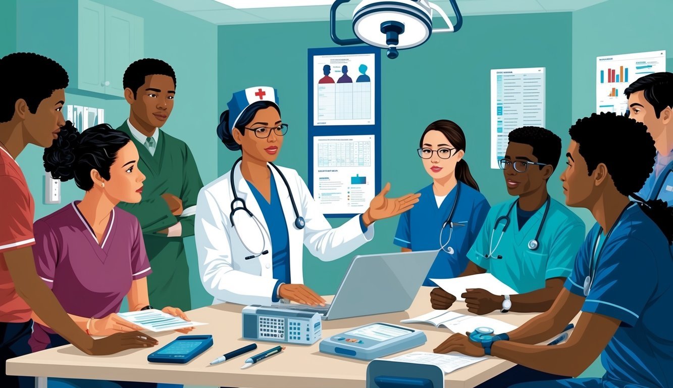 A nurse practitioner instructs a group of students in a simulated clinical setting, with medical equipment and charts visible