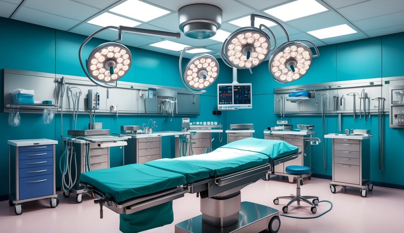 An empty, modern operating room with surgical lights and equipment