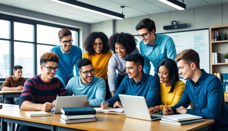 Group of diverse students collaborating around a table with laptops and notebooks