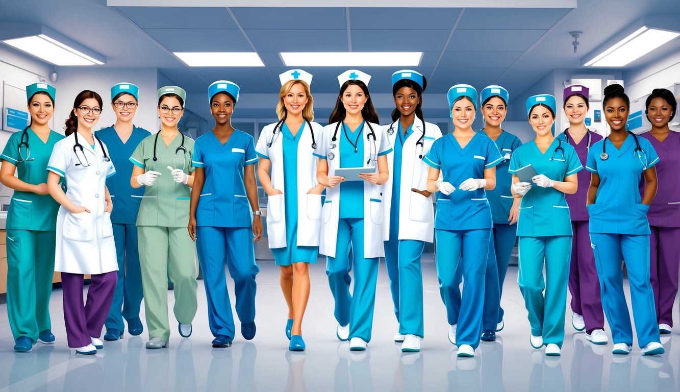 A group of nurses in various specialized roles, such as nurse practitioners, nurse anesthetists, and clinical nurse specialists, working together in a hospital setting