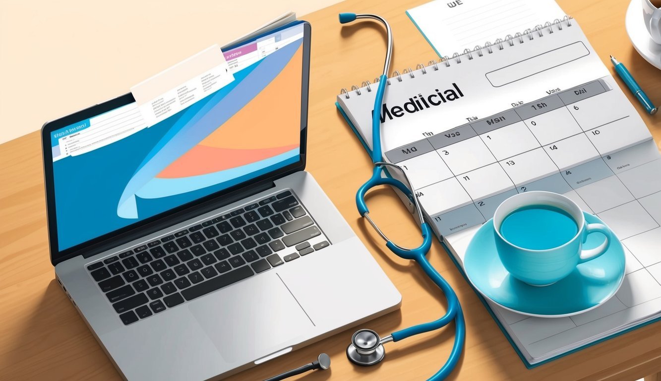 A laptop with a stethoscope and a medical textbook open on a desk.</p><p>A calendar with due dates and a cup of tea