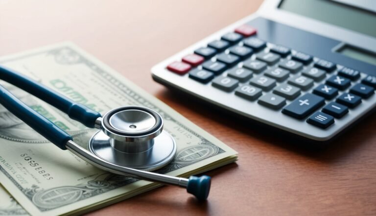Stethoscope on money next to a calculator, symbolizing healthcare costs