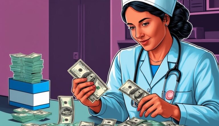Nurse counting stacks of money, suggesting healthcare costs or profits