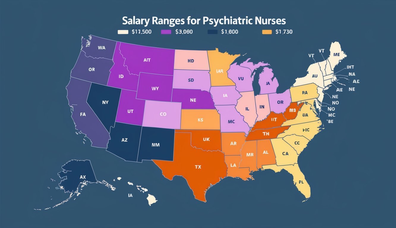 A map showing salary ranges for psychiatric nurses across different regions
