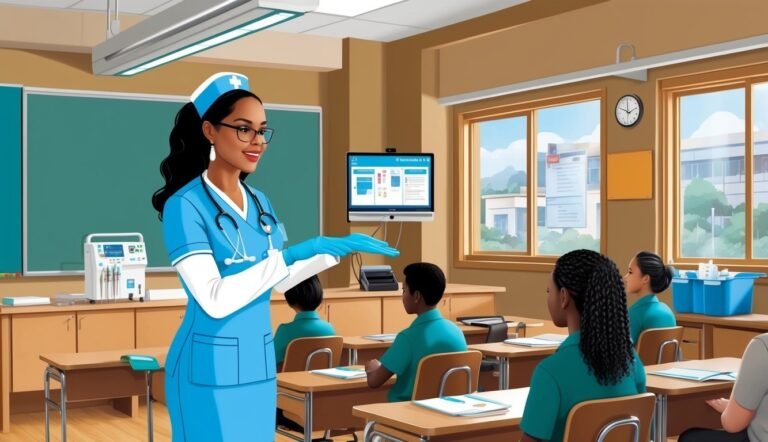 Nurse teaching students in a classroom, with medical equipment and a monitor
