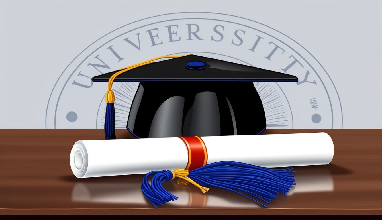 A graduation cap and diploma on a table with a university logo in the background