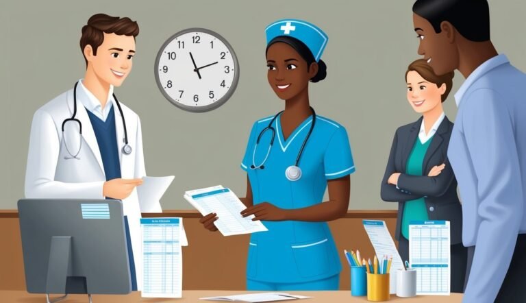 Medical staff reviewing documents in a brightly lit office setting