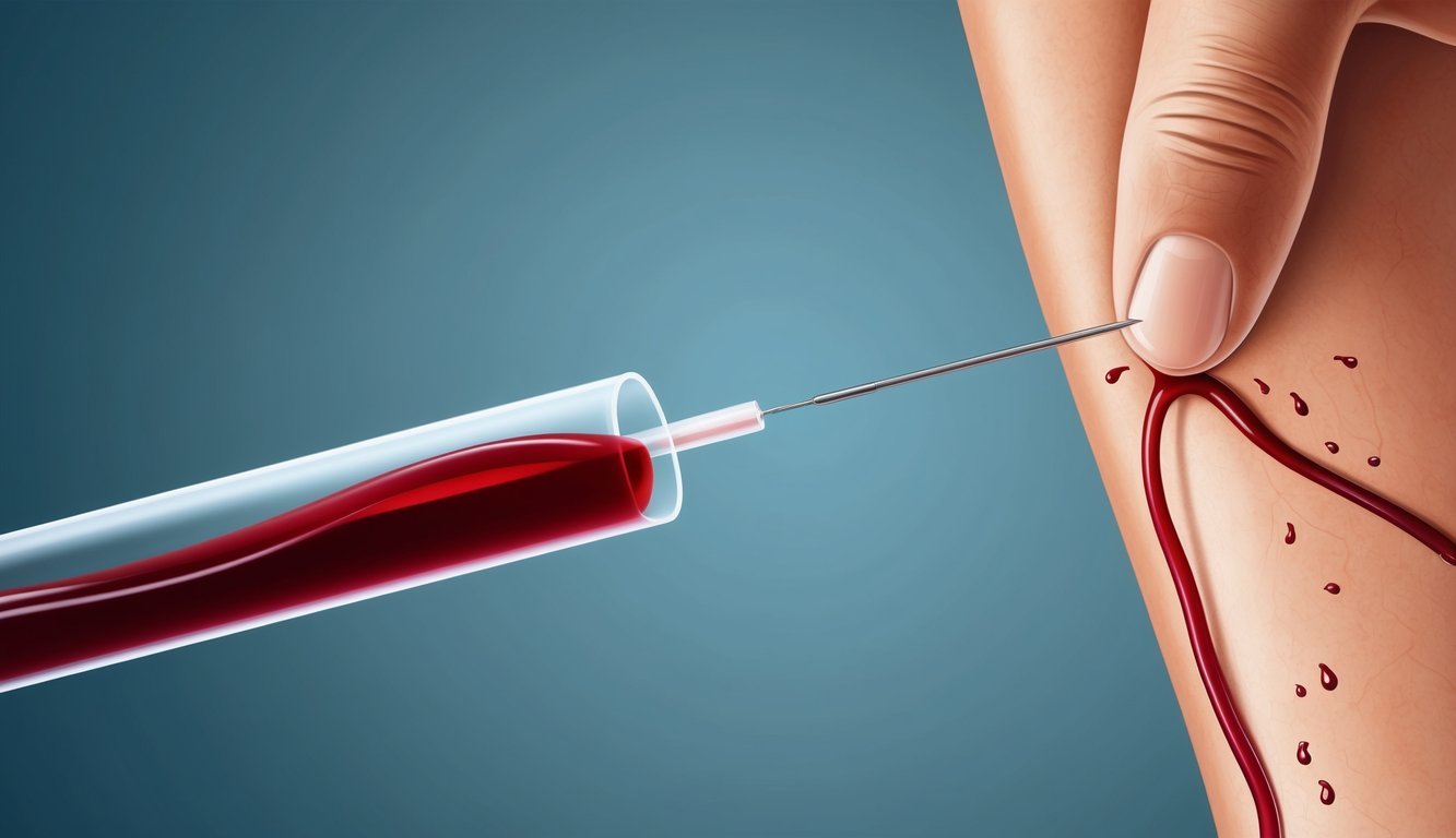 A needle piercing a vein, blood flowing into a collection tube