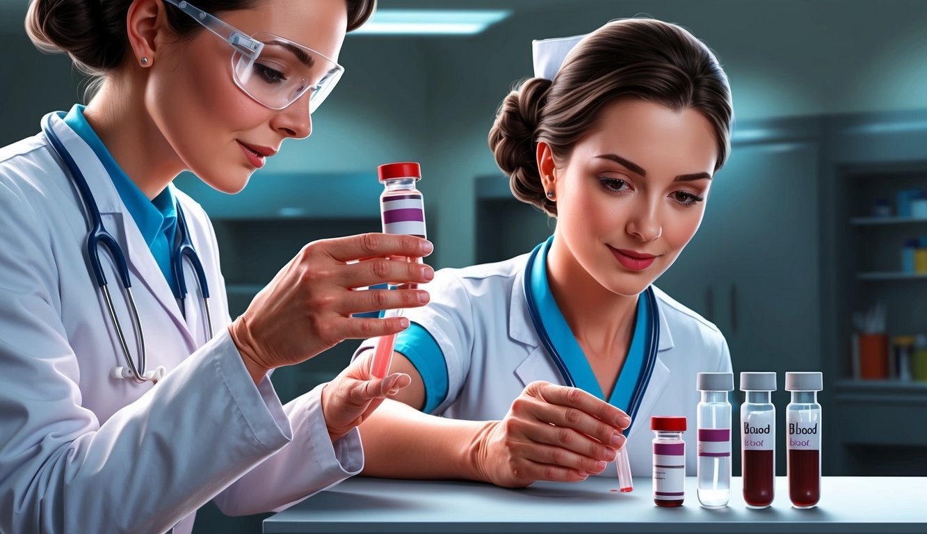 A nurse labeling vials and sealing tubes after drawing blood