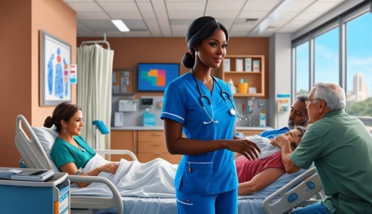 Nurse in scrubs smiles in a hospital room with patients and visitors