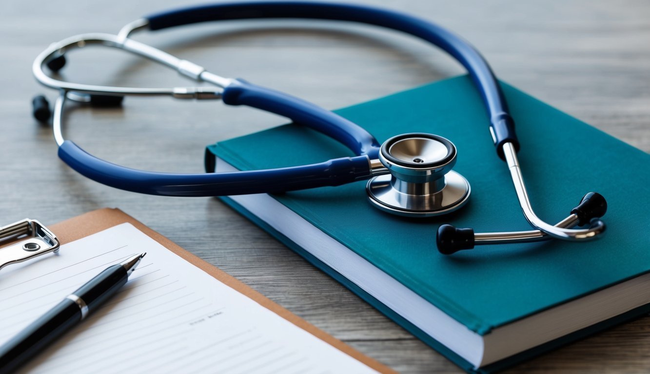 Blue stethoscope on a teal book, with a clipboard and pen