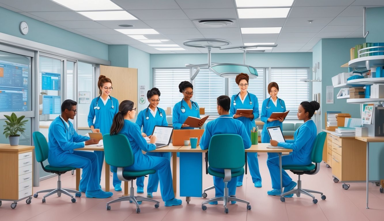 A bustling hospital unit with AGACNPs collaborating and studying for career advancement