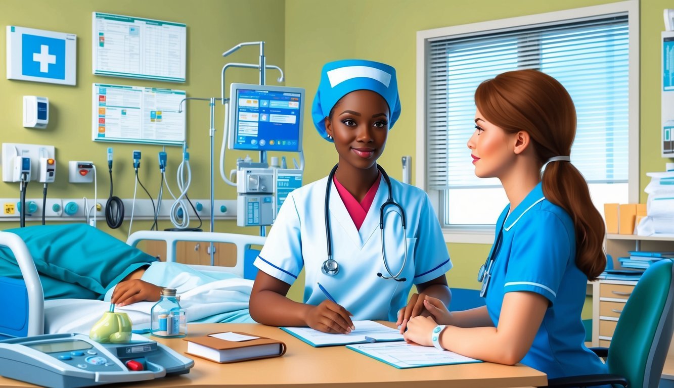 A nurse practitioner consults with a patient in a hospital room, surrounded by medical equipment and charts