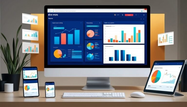 Desktop computer, tablets, and phones displaying data charts and graphs
