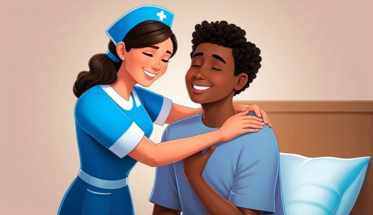 Nurse in blue uniform comforts a smiling patient in bed