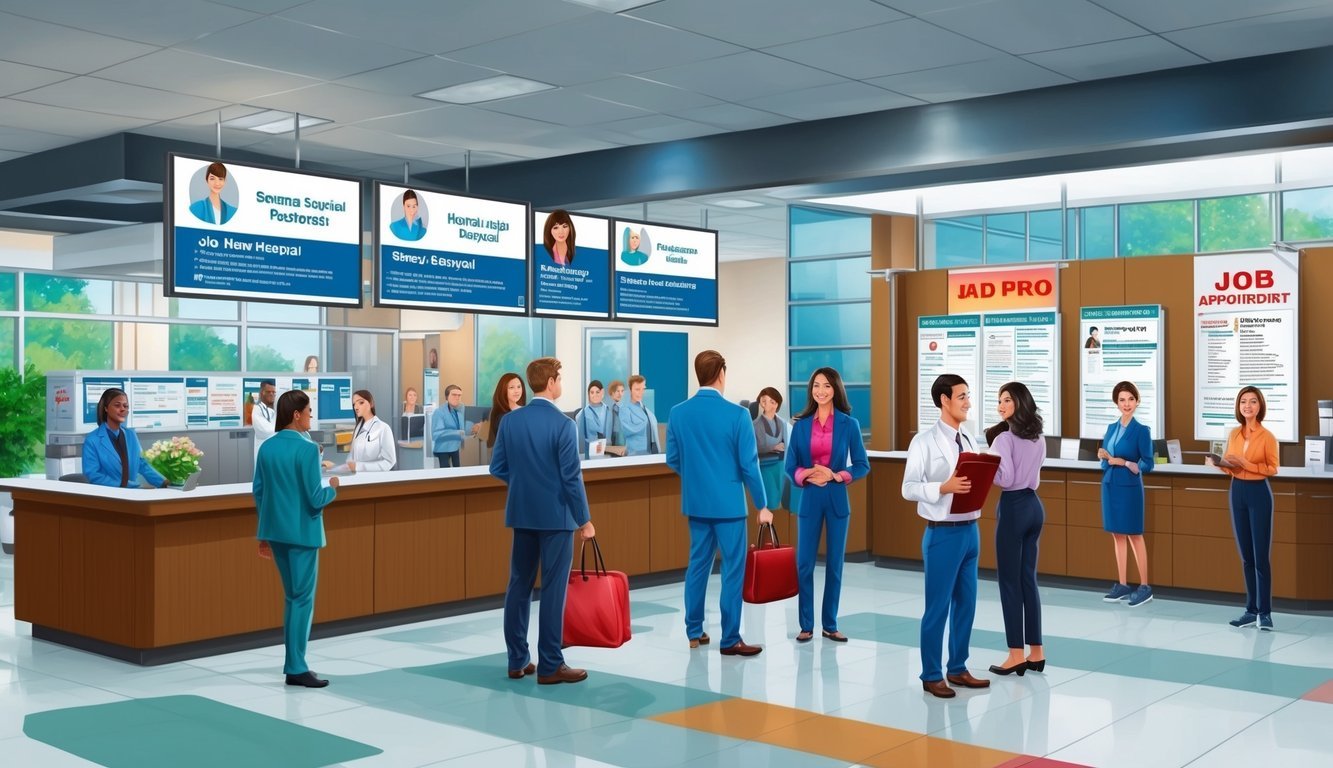 A bustling hospital lobby with diverse job postings and eager applicants