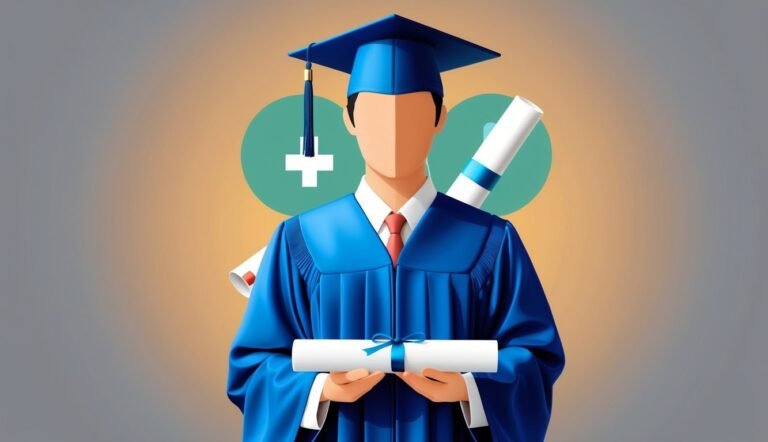 Illustration of a graduate in blue cap and gown holding a diploma