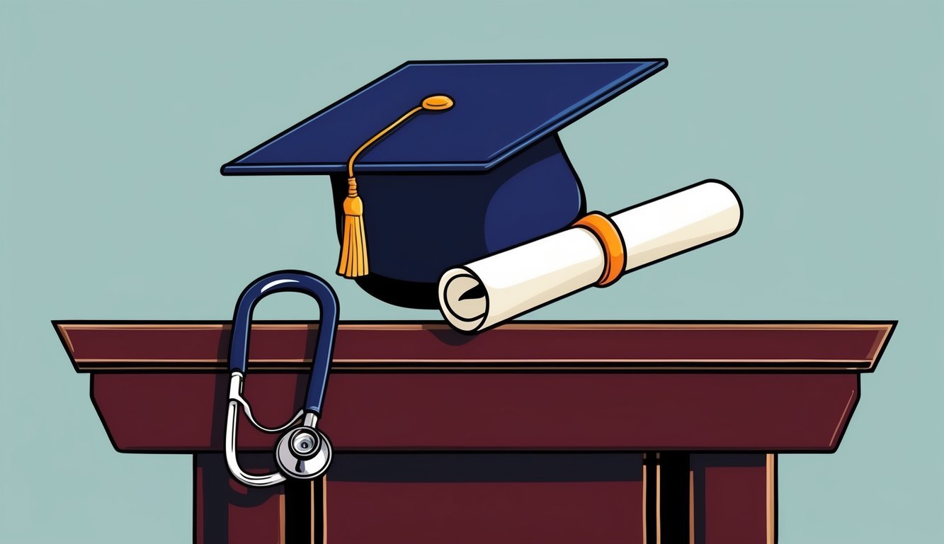 A graduation cap and diploma resting on a podium, with a stethoscope draped over it