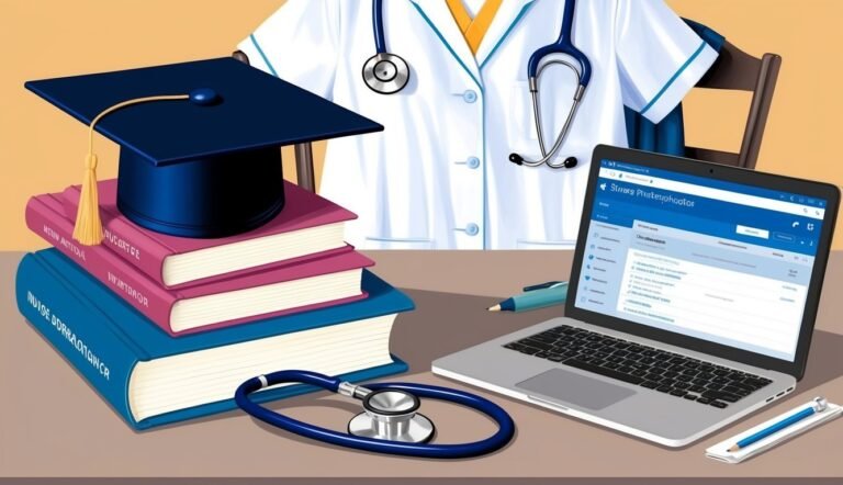 Doctor's desk with books, graduation cap, stethoscope, and laptop