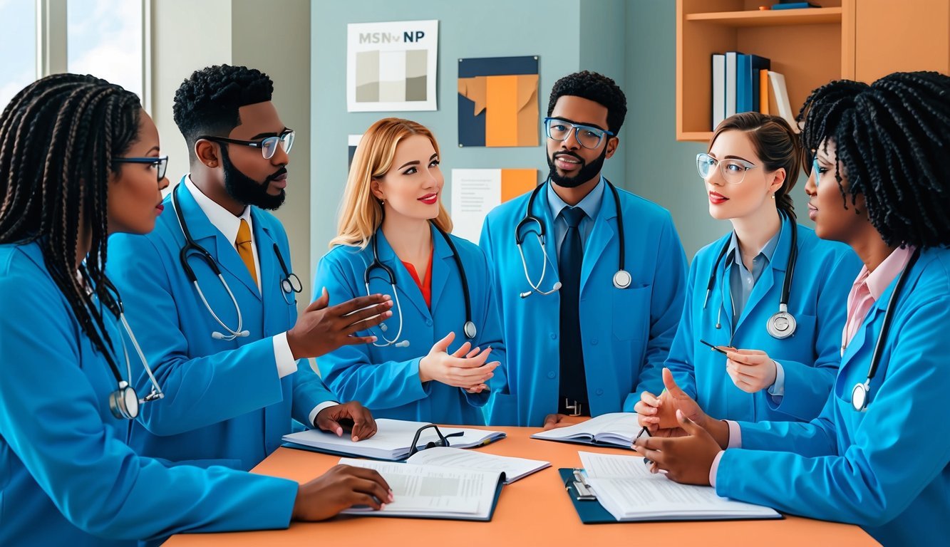 A group of students in lab coats and stethoscopes engage in a discussion about role development and professional issues in an MSN NP program