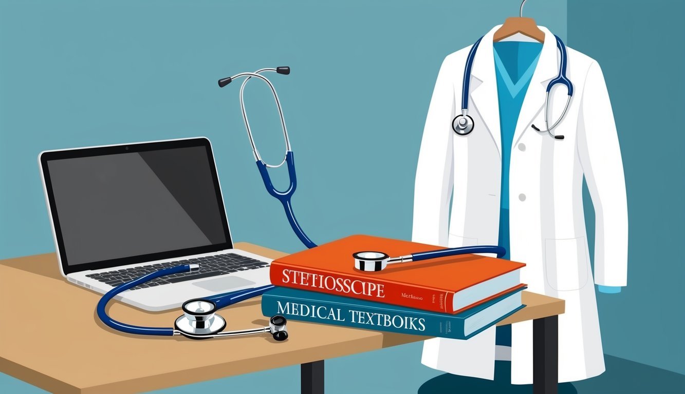 A stethoscope and medical textbooks on a desk next to a laptop, with a white coat hanging on a chair