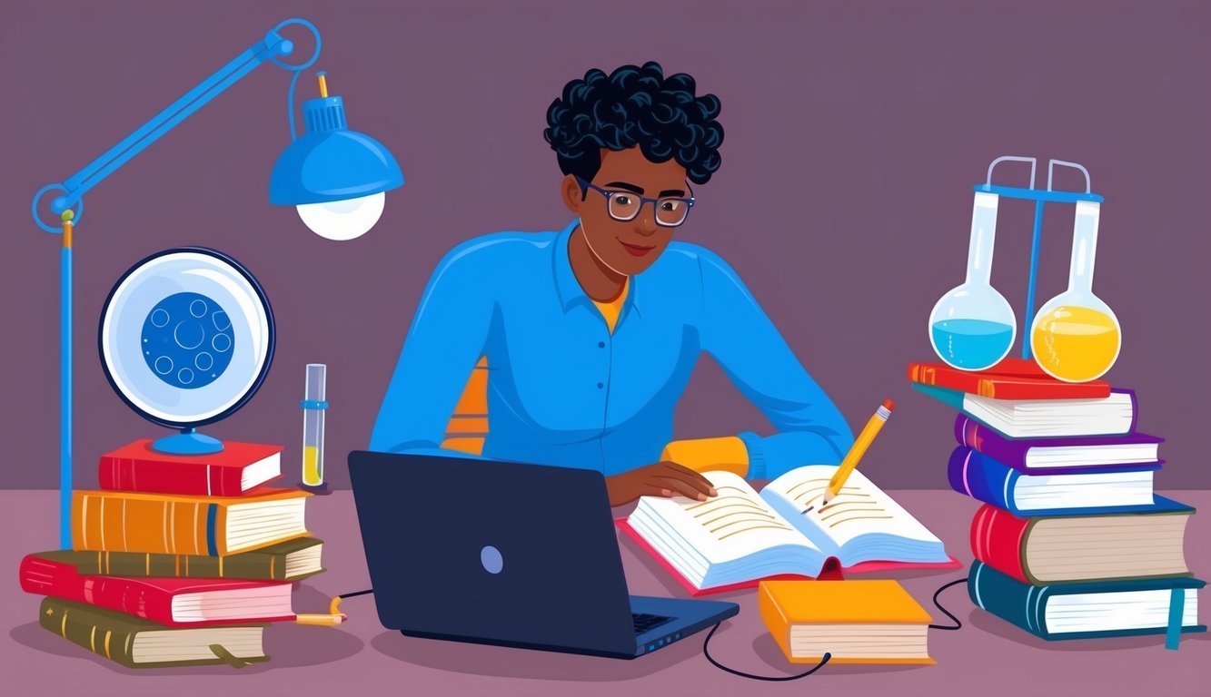 Person studying with books, laptop, and beakers on a desk