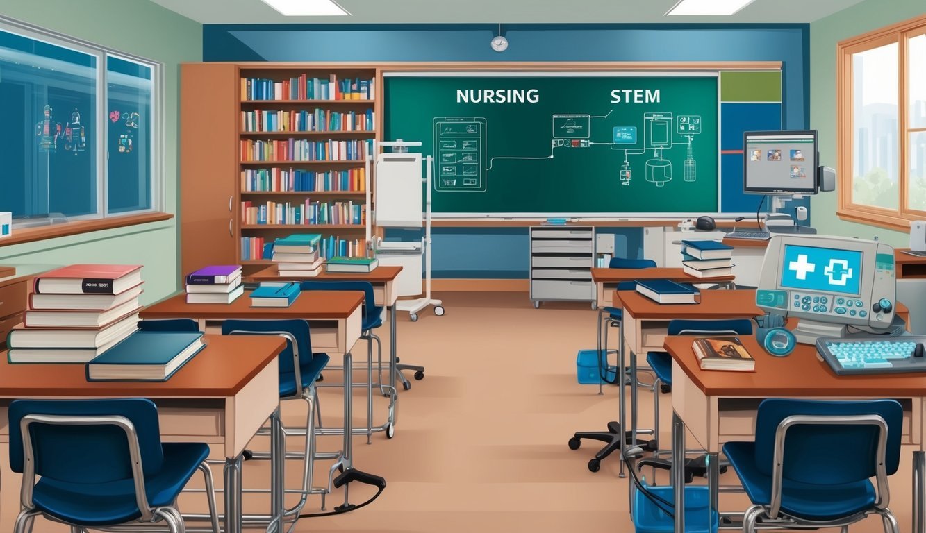 A classroom with nursing and STEM-related books, medical equipment, and technological tools