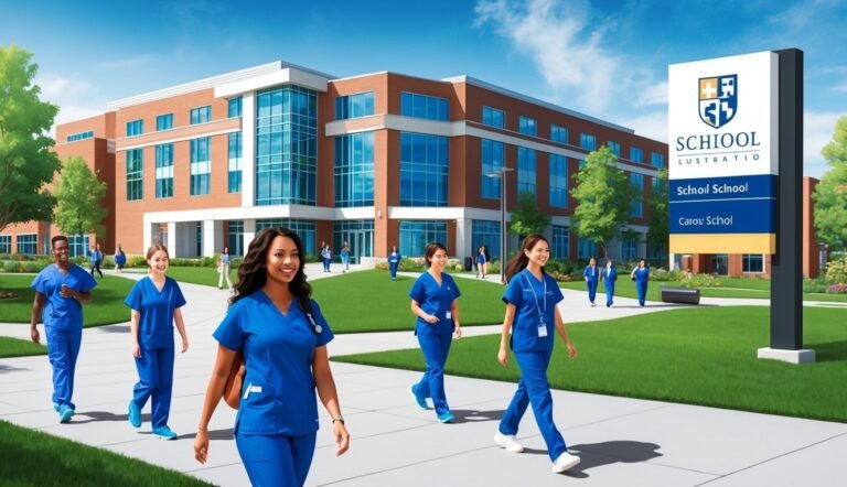 Students in blue scrubs walk toward a school building with a sign