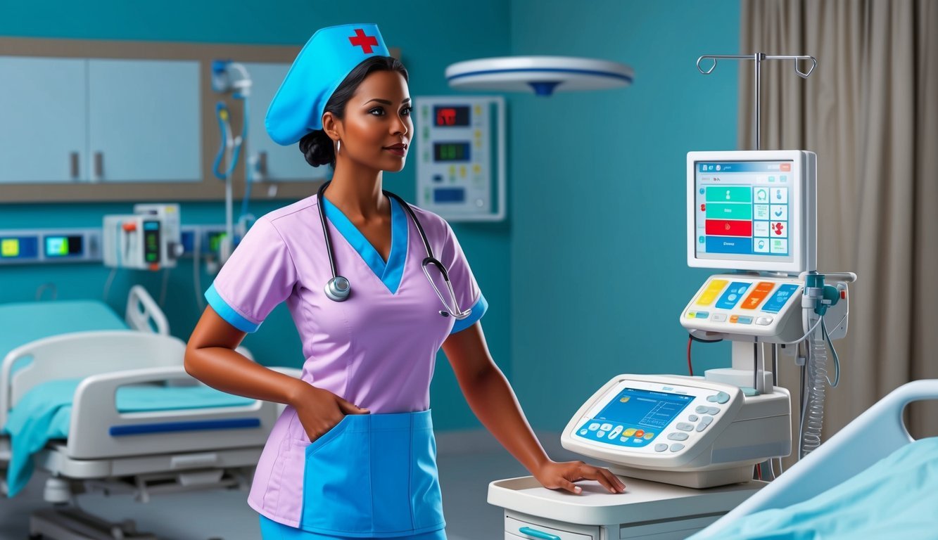 A nurse in scrubs monitoring medical equipment in a hospital room