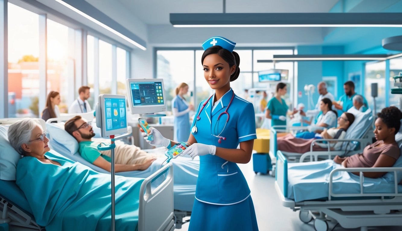 A nurse in uniform using modern medical technology to care for diverse patients in a bustling hospital setting