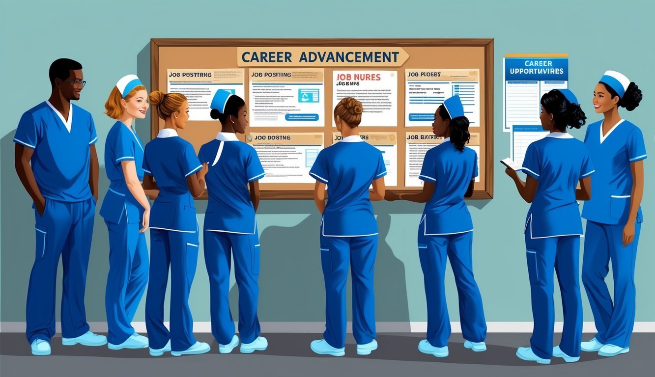A group of nurses in scrubs gather around a bulletin board filled with job postings and career advancement opportunities