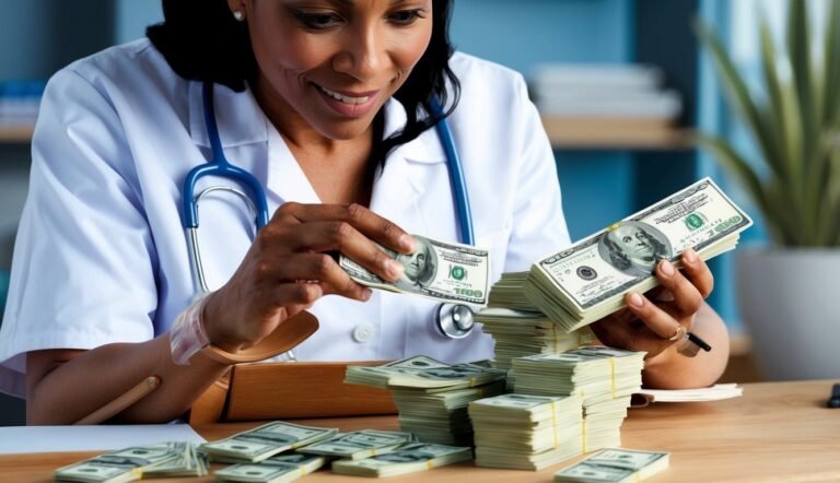 Smiling doctor in white coat counts stacks of hundred dollar bills
