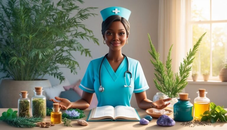 Smiling nurse with book and natural remedies on a table