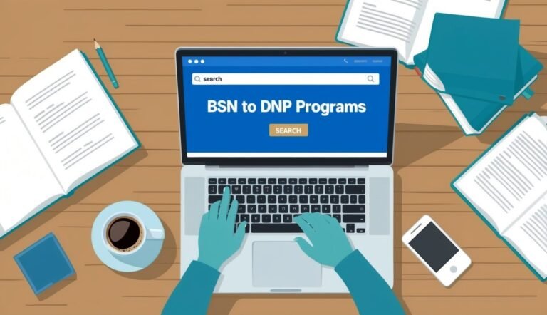 Laptop with "BSN to DNP Programs" search, books, coffee, and phone