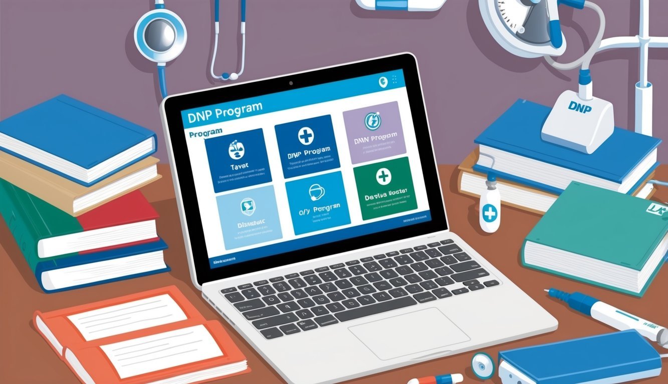 A laptop displaying various DNP program options, surrounded by books and medical equipment