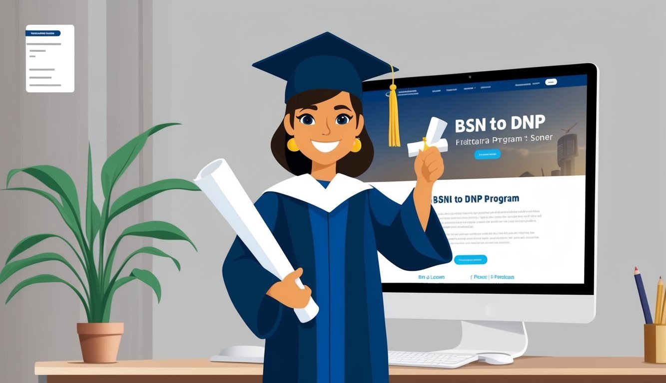 A graduate in a cap and gown holding a diploma, standing in front of a computer with a BSN to DNP program website on the screen