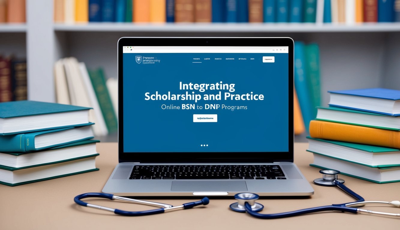A laptop displaying a webpage with "Integrating Scholarship and Practice online BSN to DNP programs" while surrounded by books and a stethoscope