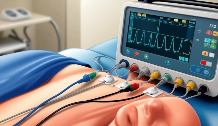 ECG monitor displaying heart rate on a patient's chest with electrodes