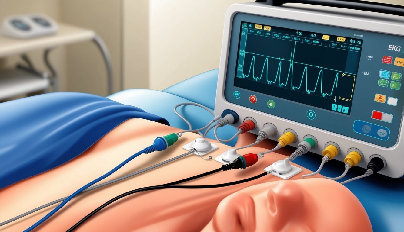 An ekg machine with wires and electrodes connected to a patient's chest