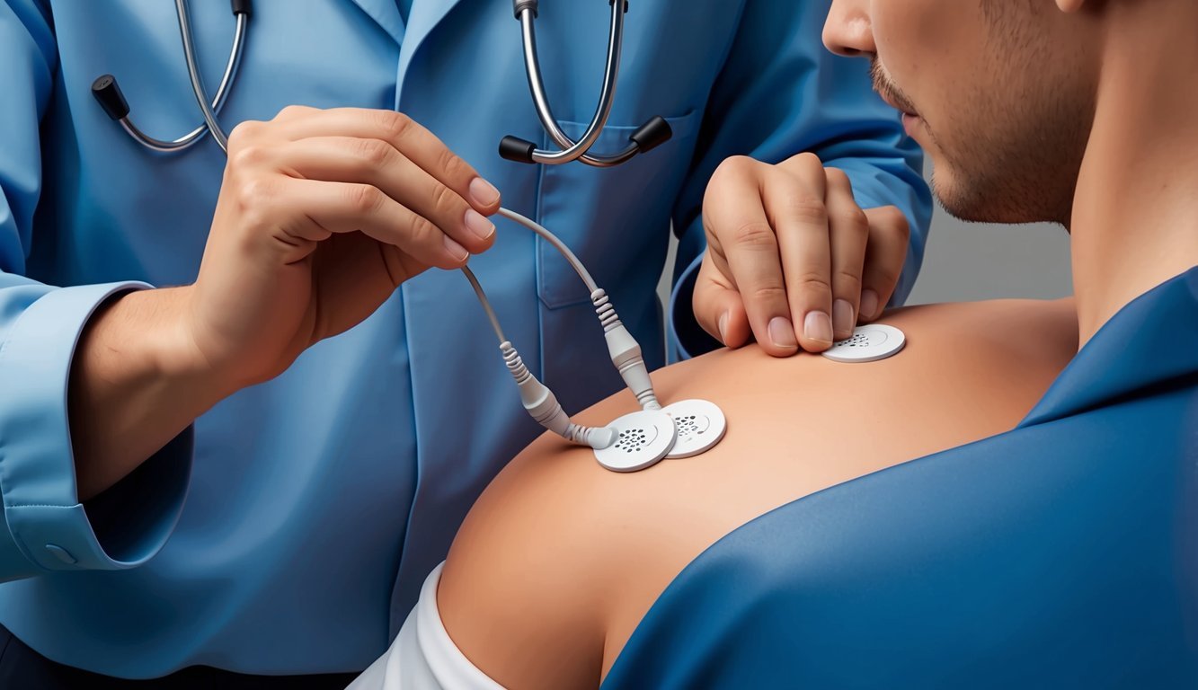 An ekg technician adjusting electrodes on a patient's chest