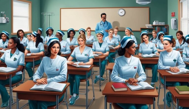 Nursing students in a classroom with a male instructor, all reading books