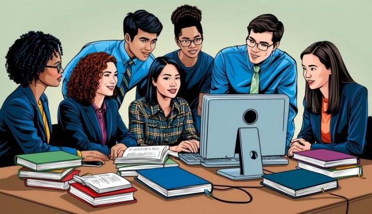 Group of diverse people looking at a computer, surrounded by books