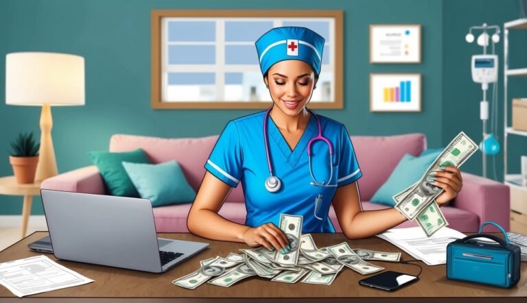 Nurse in scrubs counting a large pile of cash at a desk