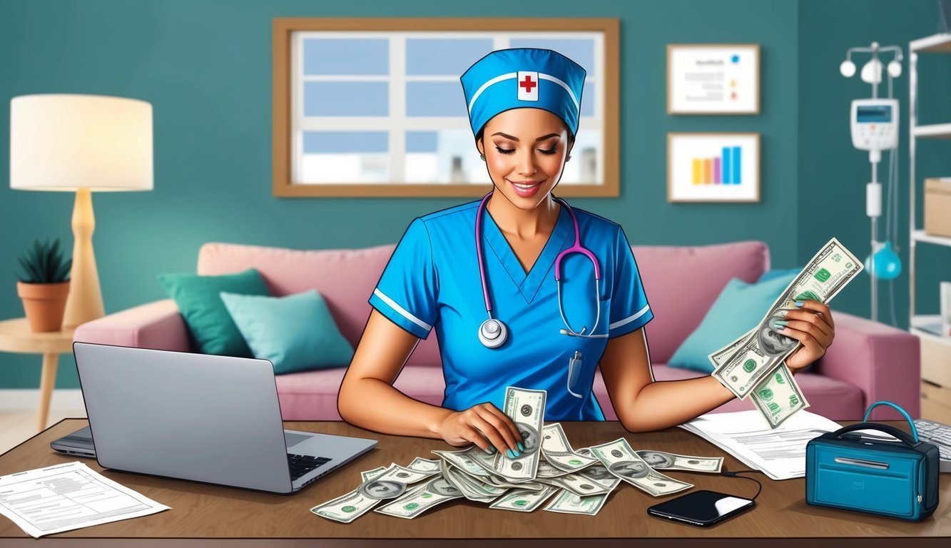 Nurse in scrubs counting a large pile of cash at a desk