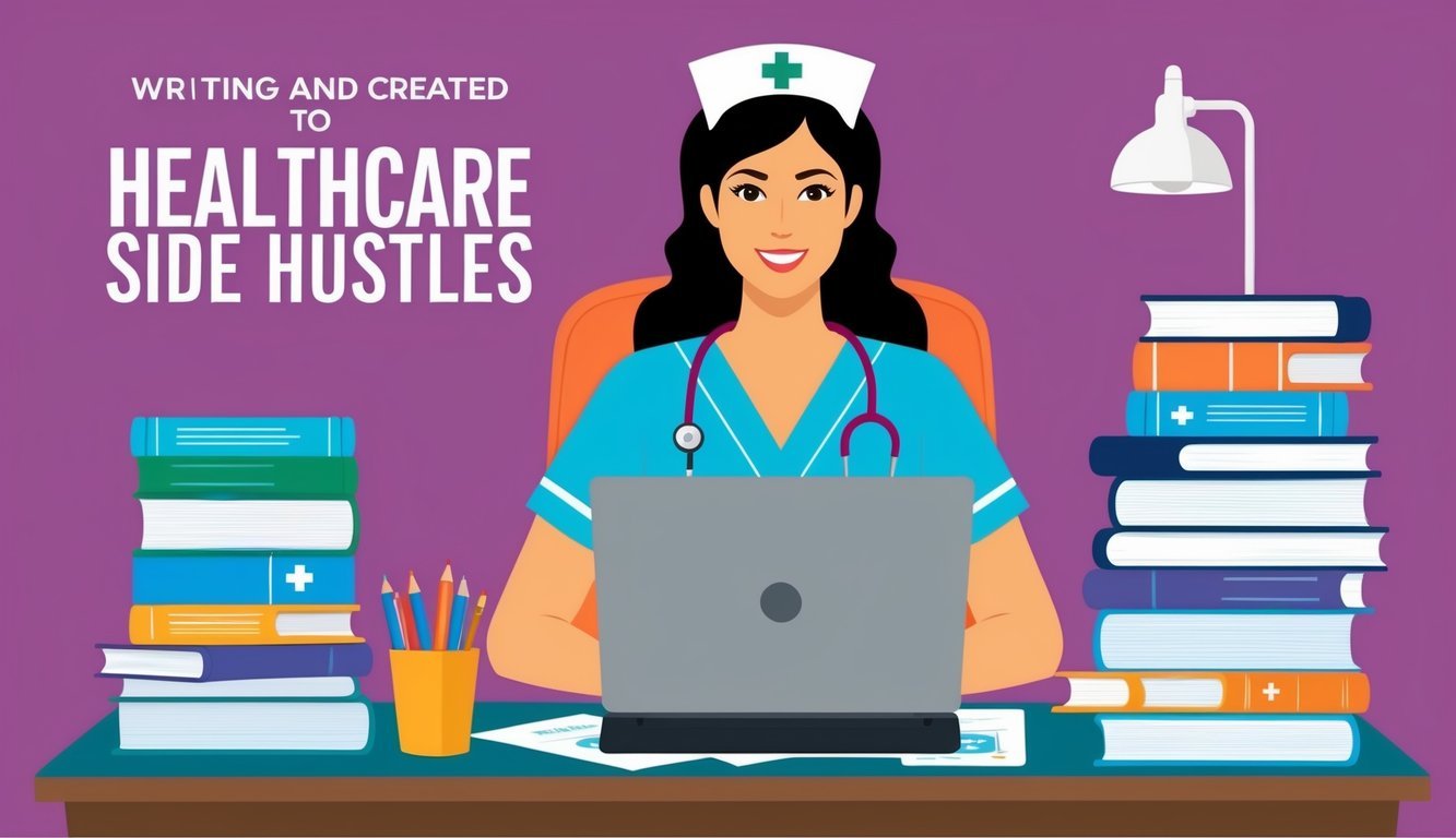 A nurse sitting at a desk, surrounded by medical textbooks and a laptop.</p><p>They are writing and creating content related to healthcare side hustles