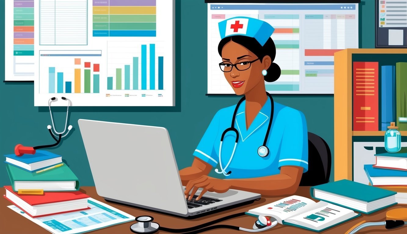 A nurse working on a laptop, surrounded by medical charts and books, with a stethoscope and medical equipment nearby