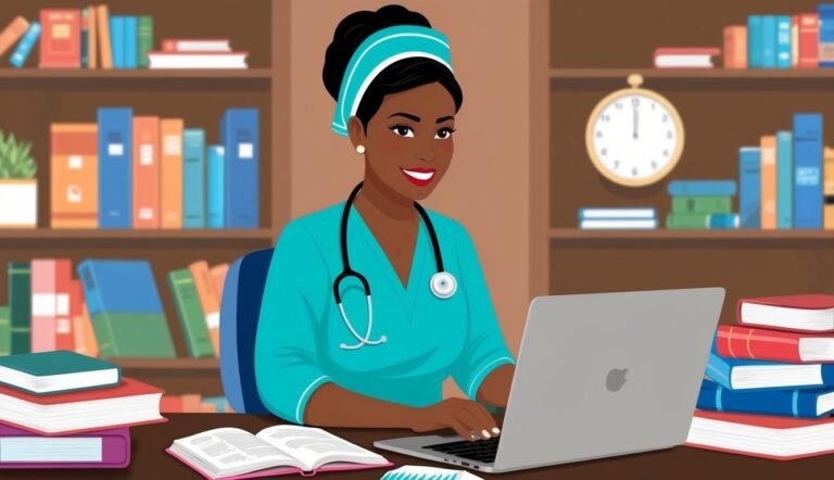 Black female doctor working on a laptop in a library setting